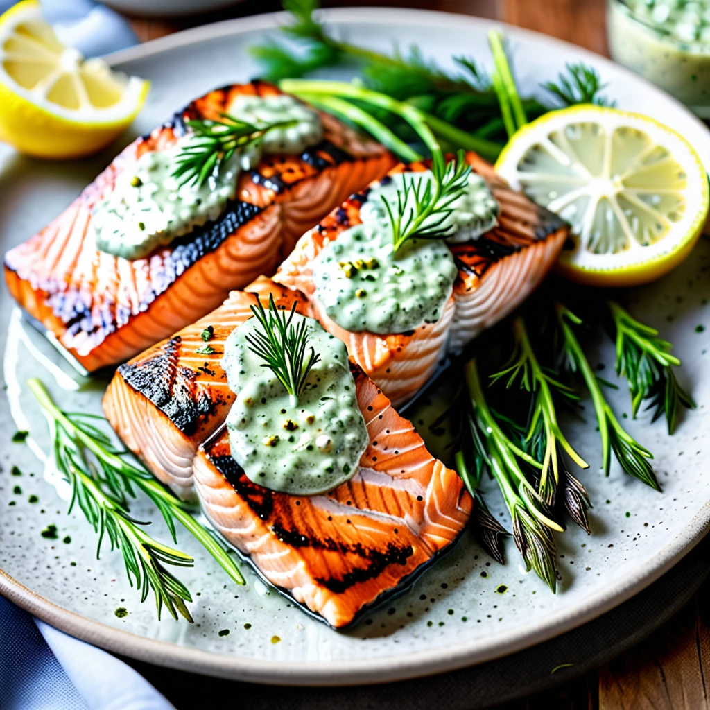 Big Rays Lemony Grilled Salmon Fillets With Dill Sauce