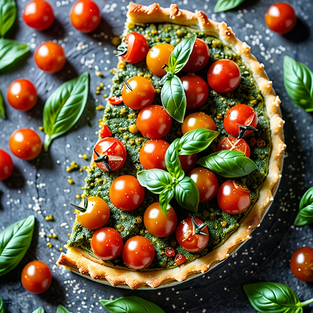 Cherry Tomato Tart on a Bed of Fresh Basil Pesto