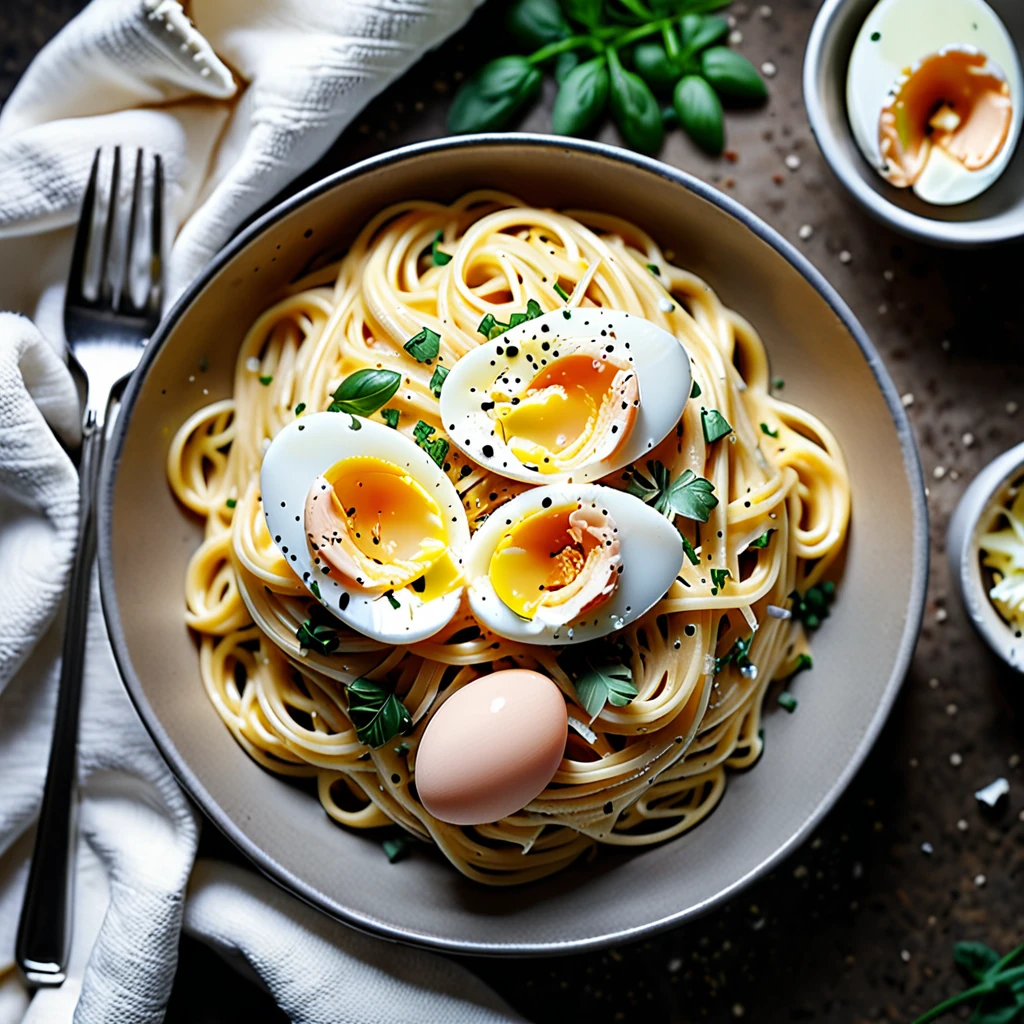 Creamy Spaghetti with Hard-Boiled Eggs and Gruyere Cheese