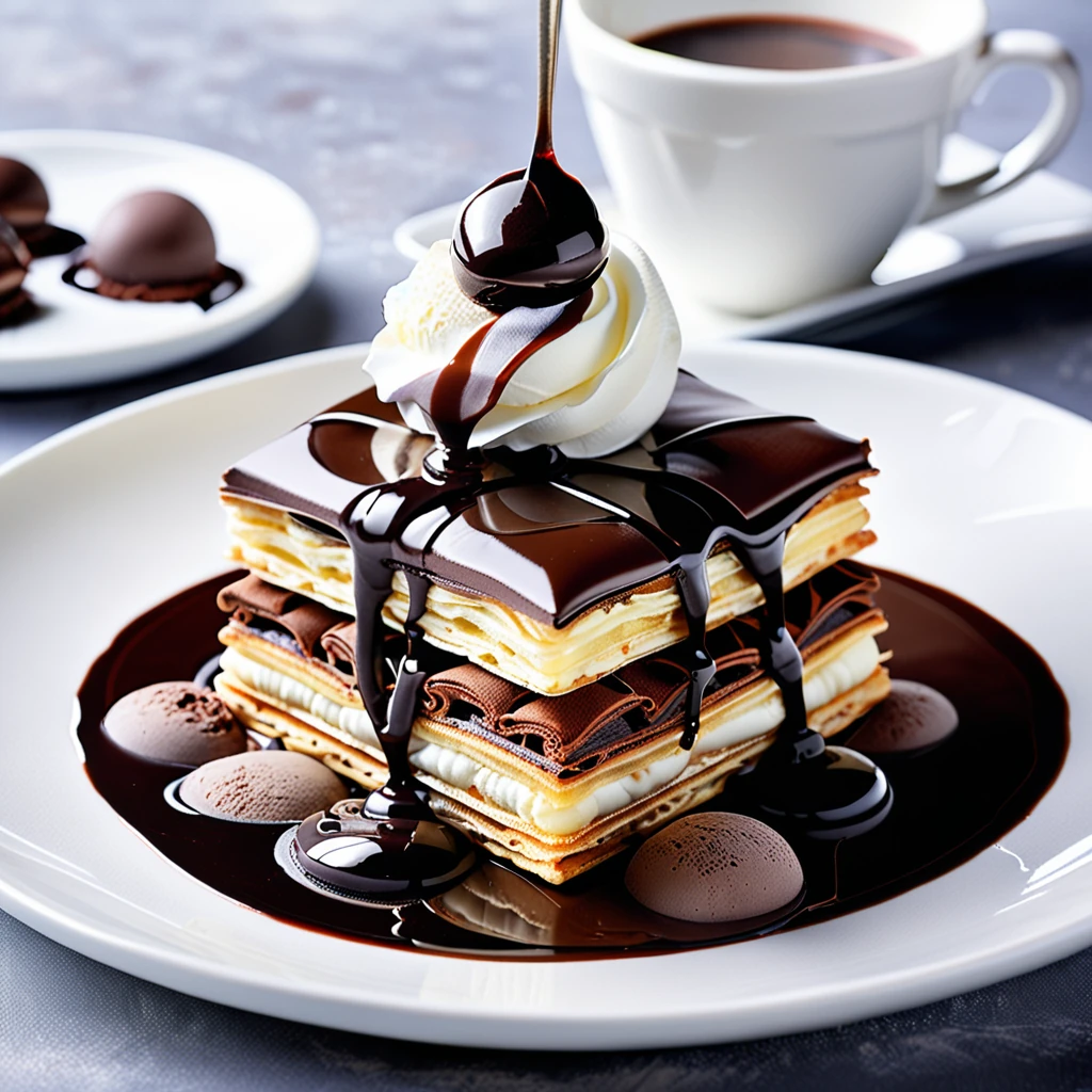 Decadent Chocolate Millefeuille with Vanilla Ice Cream
