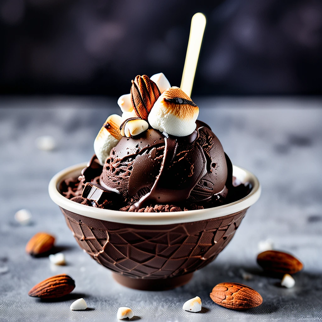 Decadent Dark Chocolate Ice Cream with Caramelized Almonds and Toasted Marshmallows