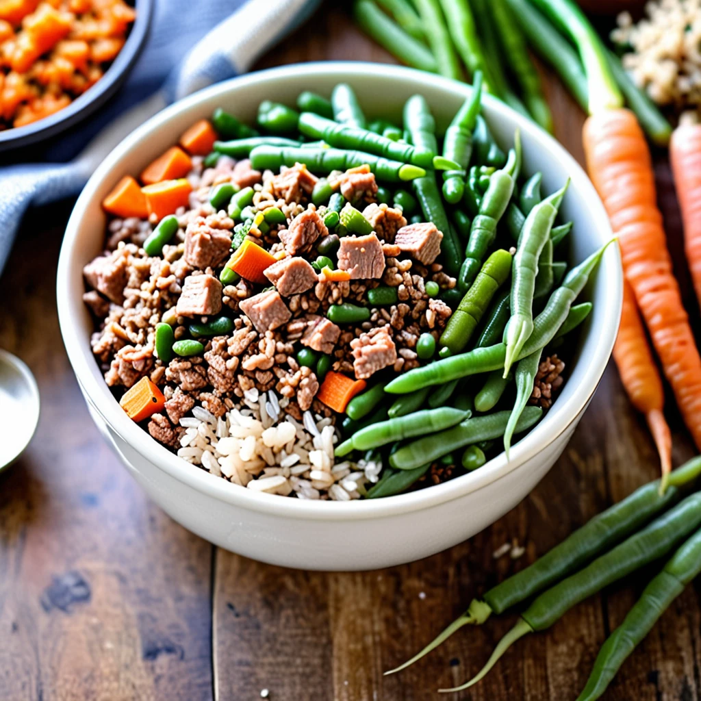 Healthy Homemade Dog Food With Meat And Fresh Vegetables