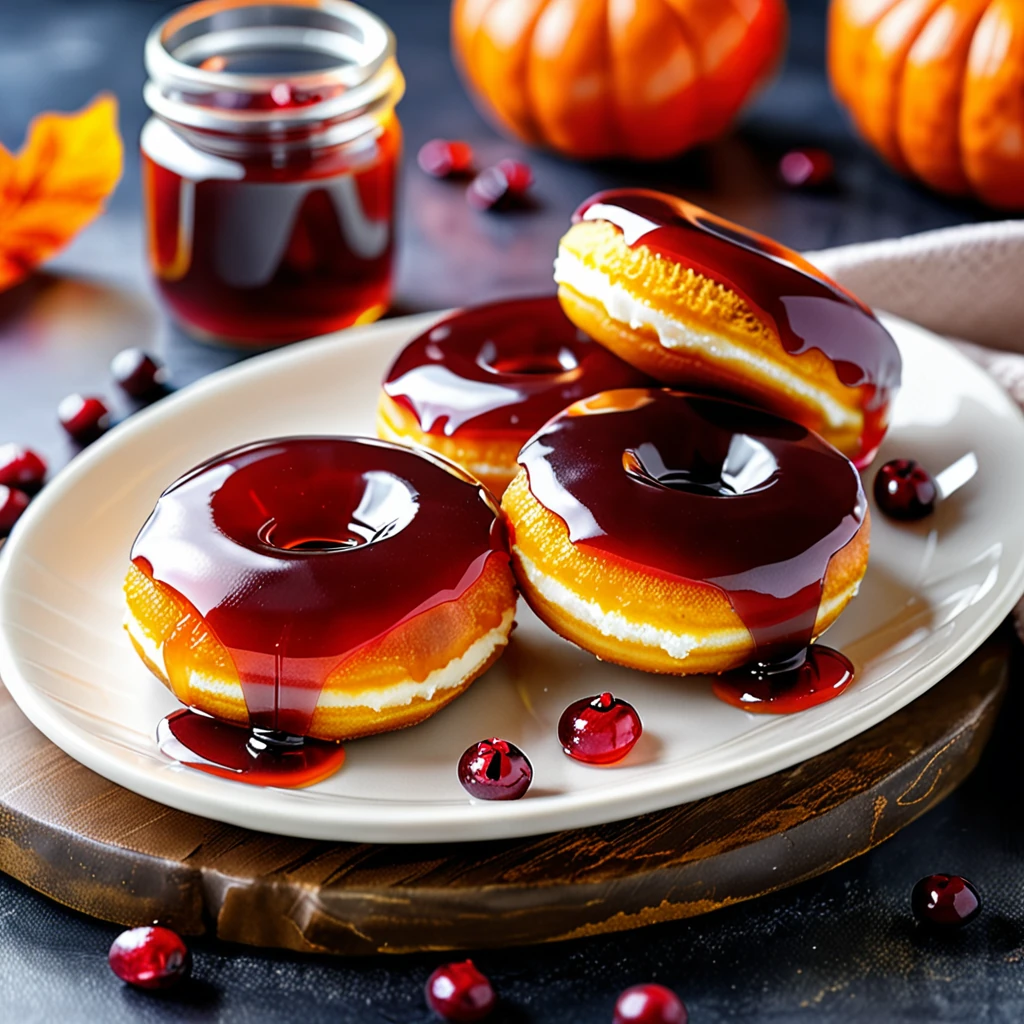 Pumpkin Jelly-Filled Donuts with Cranberry Sauce