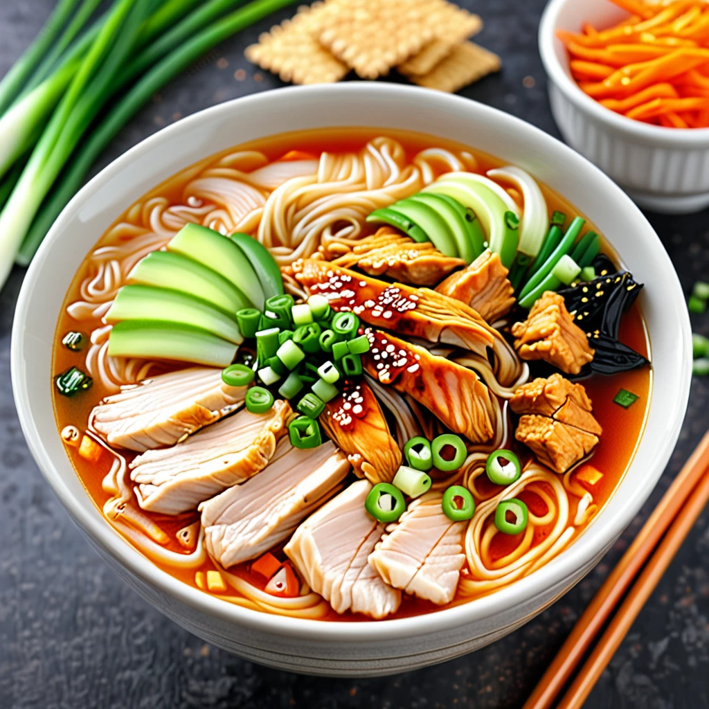 Spicy Honey Sriracha Chicken Ramen Noodle Soup with Crispy Crackers