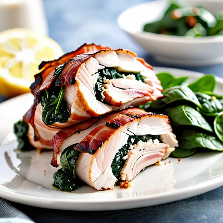 Recipe: Bacon-Wrapped Turkey Breast Stuffed With Spinach And Feta Cheese