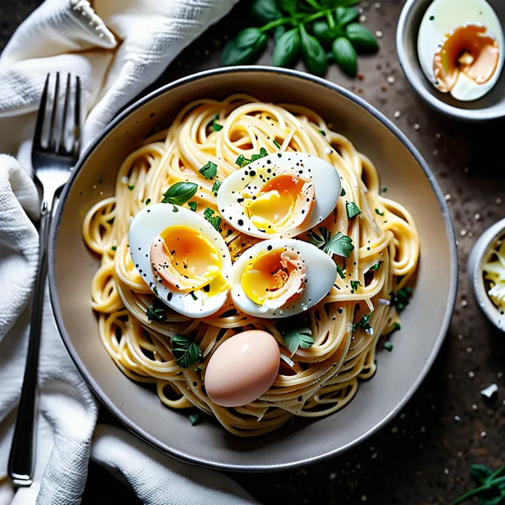 Creamy Spaghetti with Hard-Boiled Eggs and Gruyere Cheese