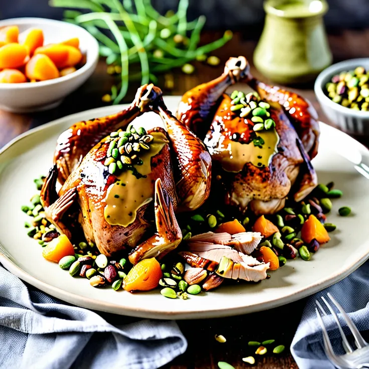 Glazed Cornish Game Hens With Apricot Pistachio Dressing
