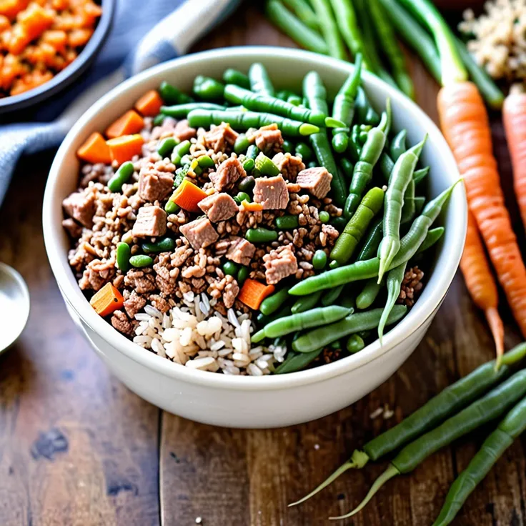 Healthy Homemade Dog Food With Meat And Fresh Vegetables