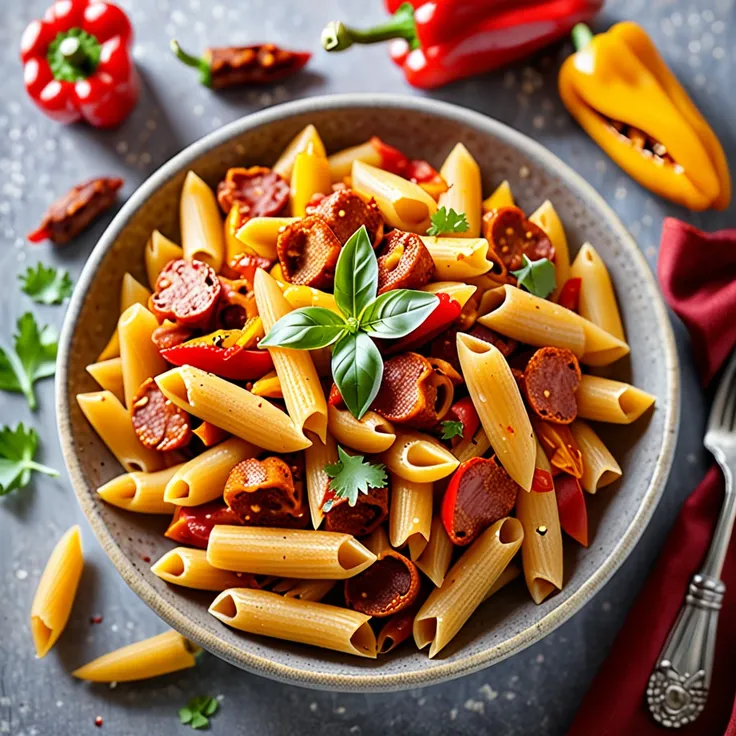 Recipe: Spicy Penne Rigate with Bell Peppers and Chorizo