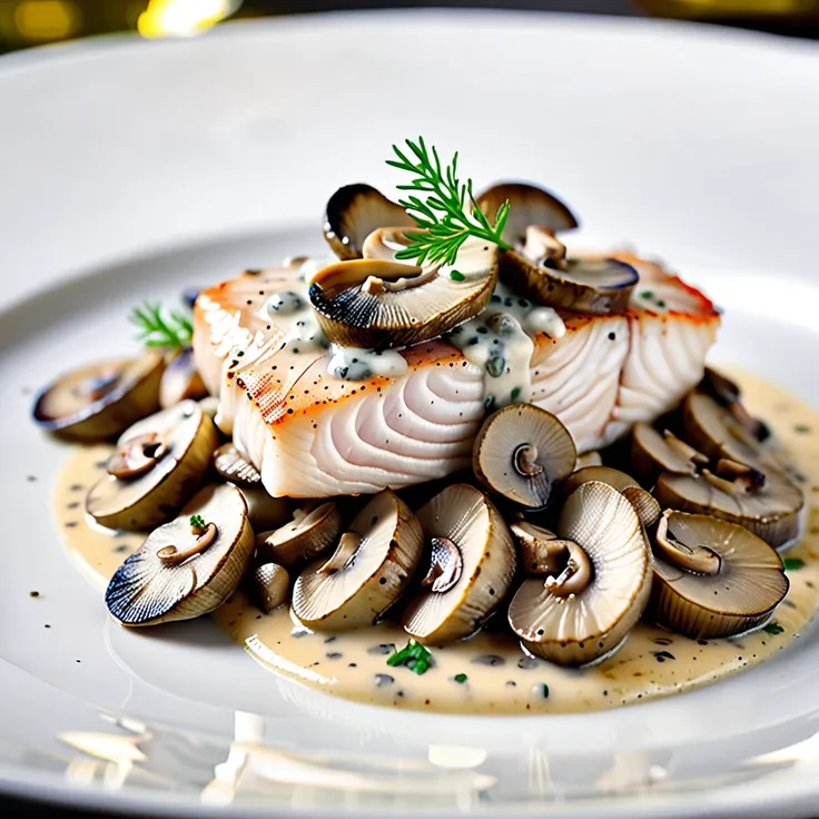 White Pollock Fillet with Mushrooms in Creamy White Wine Sauce